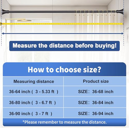 Matte Black Shower Curtain Rod 36-94 Inch(3-7.8ft), No Slip No Drill No Rust Shower Rod For Bathroom Window Patio, Adjustable Spring Long Tension Rod - color: Matte Black, size: 36"-94"