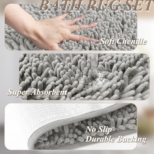 Barossa Design No Hook Shower Curtain Sets with Rugs Light Grey | 3PCS(Curtain with Liner+2 Rugs), Hotel Style Shower Curtain & Snap-in Liner, Non-Slip Bathroom Mat - color: Light Grey