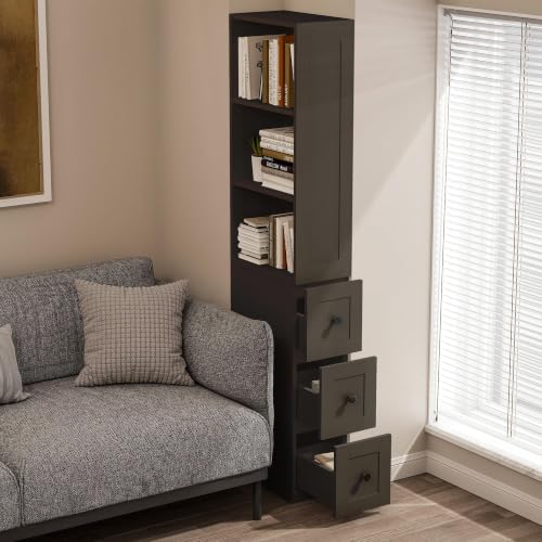 Tall Slim Storage Cabinet with Door, 3 Drawers & 2 Adjustable Shelves, Narrow Bathroom Storage Cabinet, Freestanding Floor Cabinet Organizer for Small Spaces, Bathroom, Kitchen, Black - color: Black