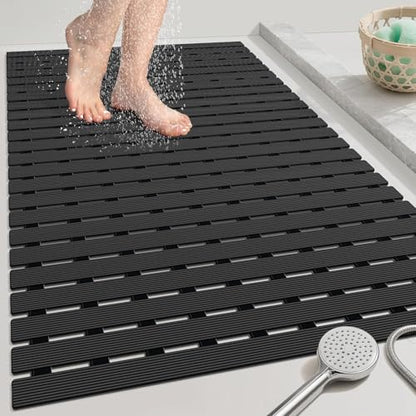 OTHWAY Large Shower Mat, 35.4 x 24 Inch No Suction Cup Shower Mat Non Slip, Quick Drain Non Slip Shower Mats for Inside Shower, Heavy Duty Curlable PVC Stand up Shower Floor Mat, Black - color: Black
