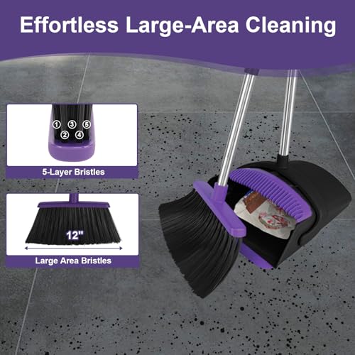 Broom and Dustpan Combo Set, 51" Long Handle Broom with Squeegee | Wet & Dry Cleaning for Pet Areas, Built-in Comb Dustpan, Foldable Space-Saving Storage, Multi-Surface Floor Cleaning - color: Purple