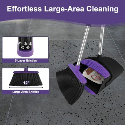 Broom and Dustpan Combo Set, 51" Long Handle Broom with Squeegee | Wet & Dry Cleaning for Pet Areas, Built-in Comb Dustpan, Foldable Space-Saving Storage, Multi-Surface Floor Cleaning - color: Purple