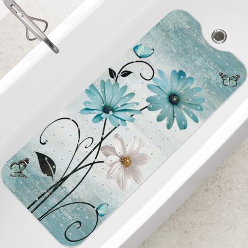 SHUCHING Turquoise Bath Mat for Tub Non Slip-40x16 Inch, Flower | Bathtub Mat for Elderly& Women Mold Free, Long Shower Mat for Inside Shower with Suction Cup, Machine Washable - color: Rustic Daisy