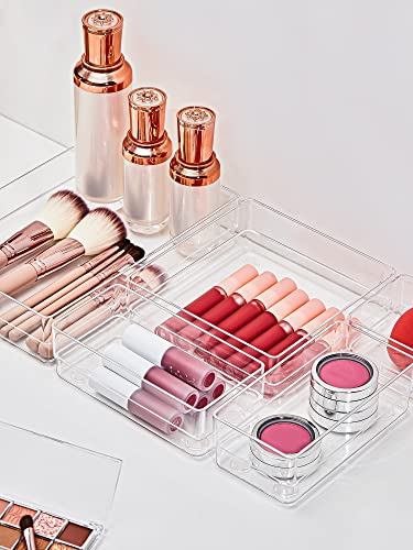 SMARTAKE 16 PCS Drawer Organizer, 5-Size Desk Bathroom Drawer Organizer | 5-Size Storage Tray with Non-Slip Silicone Pads for Makeup, Jewelries, Utensils in Bedroom Dresser, Office and Kitchen, Clear - size: Medium