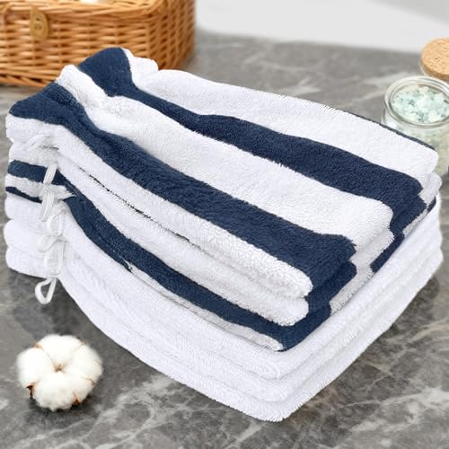 VOOVA & MOVAS Shower Mitts,Navy Stripe 6.3x8.3 in,European Style with Loop | 100% Cotton, 6 Pack, Navy & White Stripe, Soft & Absorbent, No Fade, Ice Pack Pocket, Quick Dry, for Shower & Travel - color: Navy Stripe&white, size: 6PC Bath Mitts