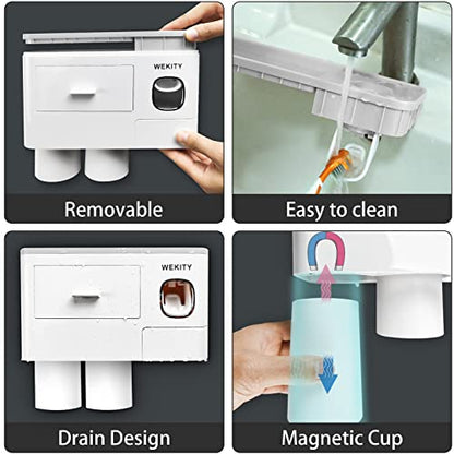 Wekity Multifunctional Wall-Mounted Toothbrush Holder, Automatic Toothpaste Dispenser Space Saving Toothbrush and Toothpaste Holder, with 2 Cups and Drawers Cosmetic Organizer(Grey) - color: Grey