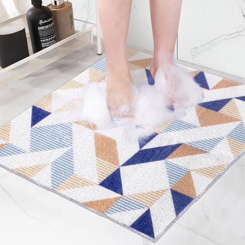 Square Shower Mat, Yonala 24 x 24 Inch Stylish Non Slip Shower Mats for Inside Shower, Soft Trimmable PVC Loofah Anti Slip Shower Mat, Fast Drying Shower Floor Mat for Bathroom, Home, Bath Tub - color: Geometry Triangle, size: 24" x 24" (Square)