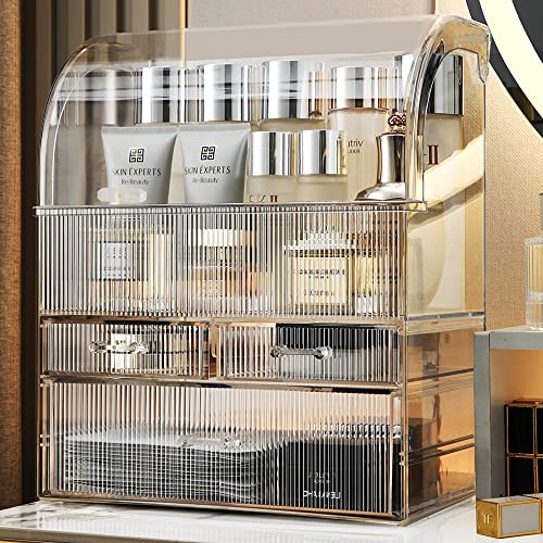 Professional Large Cosmetic Makeup Organizer Bathroom Storage Display Case with Drawers - color: Clear with Stripes
