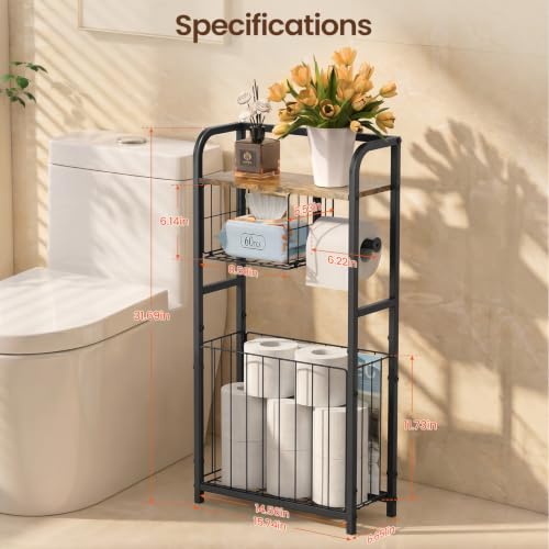 Freestanding Toilet Paper Holder Stand with Storage forSmall Bathroom Space | Holds 9 Spare Rolls, Phone, Wipes & Magazines –Large Capacity Toilet Paper Stand – Toilet Roll Dispenser and Organizer - color: Black