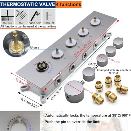 Thermostatic Shower System Dual Shower Heads with 16" Ceiling Mounted Rain Shower Head & 6" Wall Mounted Head 4 Function Shower System with body jets Can All Run Together, Brushed Nickel - color: Brushed Nickel, style: 16 inch +6 jets
