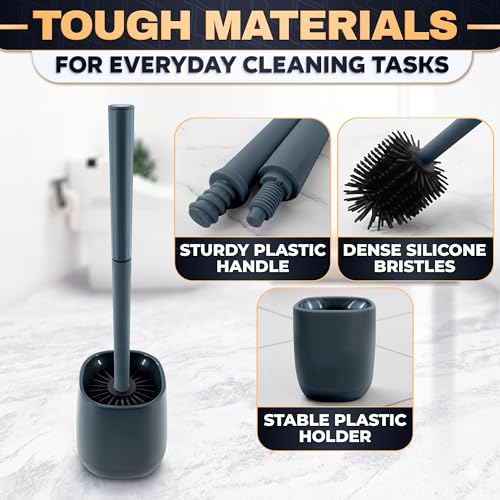 Toilet Brush and Holder, Silicone and Plastic (Grey) | Toilet Brush and Plunger Set, Easy to Place and Simple to Store After Use, Compact Bath Accessory for Small Spaces - color: Gray