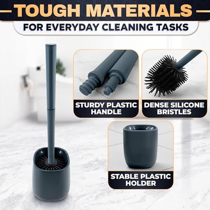 Toilet Brush and Holder, Silicone and Plastic (Grey) | Toilet Brush and Plunger Set, Easy to Place and Simple to Store After Use, Compact Bath Accessory for Small Spaces - color: Gray
