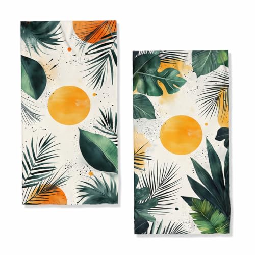 Boho Leaves Bath Hand Towels Absorbent Mid Century Abstract Green Palm Leave Bathroom Kitchen Towels Set of 2 Lightweight Breathable Face Towels for Bathroom Gym Hotel Sport Decor - color: Boho Leaves