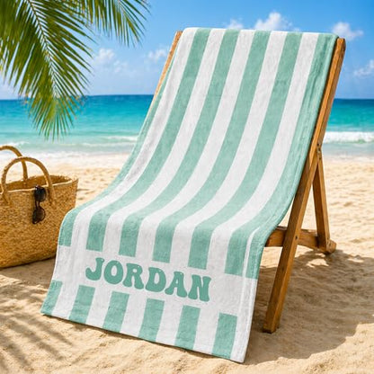 Personalized Striped Beach Towel with Custom Name, Quick Dry Microfiber Towel for Kids & Adults, Soft Pool & Swim Gift
