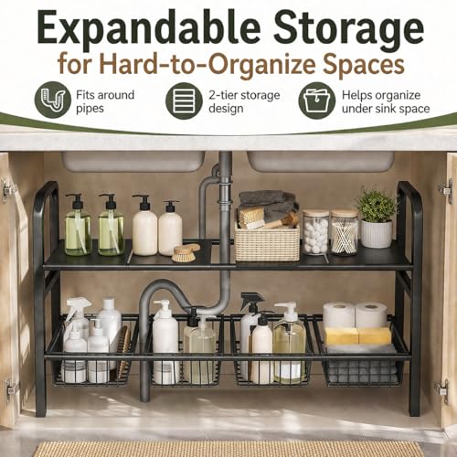 2 Tier Expandable Under Sink Organizer, 26.8 to 35.8 Inches Wide Carbon Steel Rack, Heavy Duty Storage for Double Sink Cabinet, P-Trap and Disposal Friendly (White)