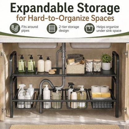 2 Tier Expandable Under Sink Organizer, 26.8 to 35.8 Inches Wide Carbon Steel Rack, Heavy Duty Storage for Double Sink Cabinet, P-Trap and Disposal Friendly (White)