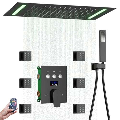 Bathroom Shower System Ceiling 14x20 Inch Shower Head, Spray With Handle, 6 PCS Body Jet And Handheld, Temperature Display Shower Faucet Set (Matte Black) - color: Matte Black