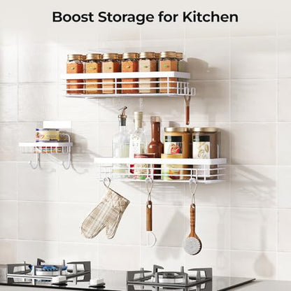 Orimade Adhesive Shower Caddy Soap Dish Holder Shelf with 5 Hooks Bathroom Organizer Basket Kitchen Storage Rack Wall Mounted No Drilling Stainless Steel - 3 Pack, White - color: White - 3 Pack