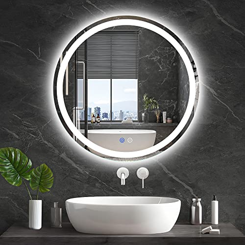 TATU 24 Inch LED Round Lighted Mirror, Bathroom Backlit Vanity Mirror Wall Mounted with 3000K/4000K/6000K Adjustable, Anti-Fog, Smart Touch Button, Stepless Dimmable Lighted Makeup Mirror - size: 24"L x 24"W