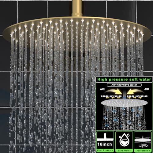 HOMEDEC 16" Round Rain Shower System with Dual 6" Wall Shower Head, 5 Way Shower Valve with 2-Function Handheld Shower and Massage Jets, Brushed Gold - color: Brushed Gold, style: 5-Way + 2x 6" Top