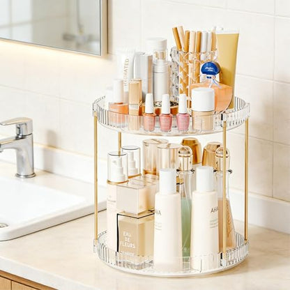 Acrylic 360 Rotating Makeup Organizer and Perfume Organizer,2 Tier Make Up Holder and Acrylic Skincare Organizers for Countertop,Vanity,Bathroom,Clear Spinning Beauty Organizer for Face Product - size: 2 Tier