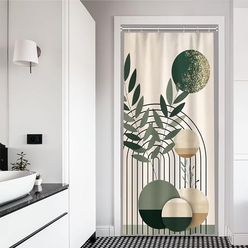 Mid Century Sage Green Stall Shower Curtain with Hooks 36x72 Inch | Waterproof Small Abstract Green and Beige Bathroom Curtain for Shower Stall, Machine Washable - color: Abstract 041, size: 36"W x 72"L (Pack of 1)