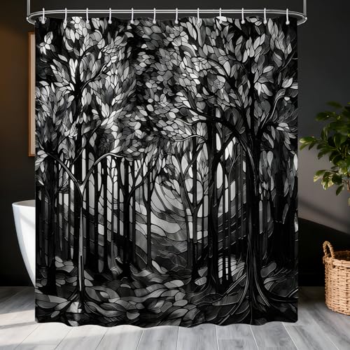 Black and Gray Stained Glass Shower Curtain Dark Mens, 70x72 Inchs | Gray Design, Forest Tree Pattern Theme, Cool Manly Bathroom Decor Sets, Waterproof Cloth Fabric, with 12 Hooks - color: Black and Gray, size: 70"W x 72"L (Pack of 1)