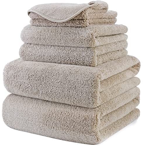 POLYTE 410 GSM Poly Blend Microfiber Quick Dry Bath Towel Set of 6 Pieces - color: Beige