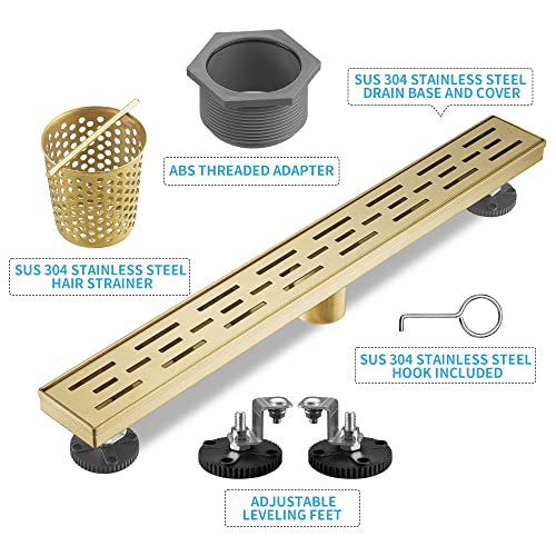 Linear Shower Drain, Brushed Gold Shower Drain 36 Inch with Removable Grate, SUS-304 Stainless Steel Rectangle Floor Drain with Leveling Feet and Hair Strainer, Bathroom Modern Drain SD-101 - color: Brushed Gold, size: 36 Inch