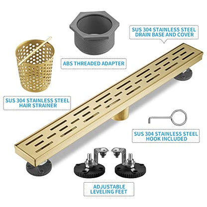 Linear Shower Drain, Brushed Gold Shower Drain 28 Inch with Removable Grate, SUS-304 Stainless Steel Rectangle Floor Drain with Leveling Feet and Hair Strainer, Bathroom Modern Drain SD-101 - color: Brushed Gold, size: 28 Inch