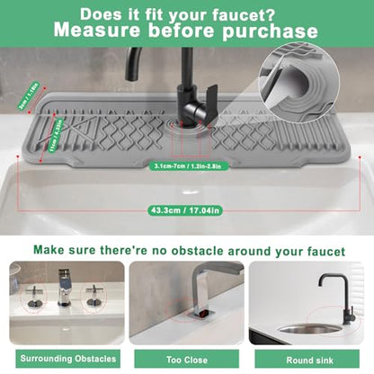 17 Inch Faucet Mat For Kitchen Sink Splash Guard Behind Faucet, ，5°Slope Fast Draining Silicone Mat , Dish Soap Sponge Holder for Bathroom Sink kitchen sink organizer (Grey, 17" x 6") - color: Gray
