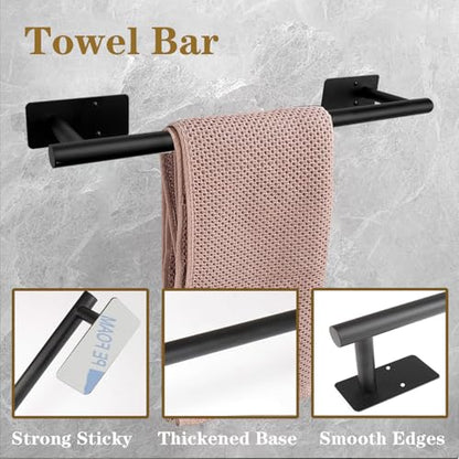 5 PCS Self Adhesive Bathroom Hardware Set, Stainless Steel Towel Rack Set Include 16In Bath Towel Bar+Toilet Paper Holder+3 Towel/Robe Hooks No Drill Bathroom Accessory Kit(Matte Black) - color: Matte Black, size: 16 In-5 Pcs