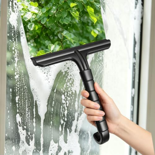 Shower Squeegee for Glass Doors, All-in-One Shower Squeegee for Glass Doors with Built-in Hook, Household Window Mirror Cleaner for Bathroom Glass Kitchen Tile Wall Car, 8 in Silicone Blade - size: 7.8"W x 8.8"H