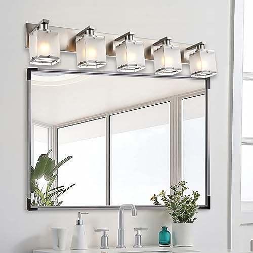 5-Lights Bathroom Vanity Light Fixtures, Modern Brushed Nickel Wall Sconce Lighting with Rectangular Frosted Glass Shades, E26 Bulb Base - color: Brushed Nickel, Frosted Glass, size: 5-Lights