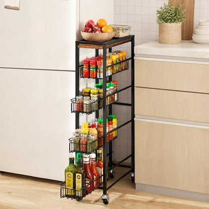 5-Tier Slim Rolling Cart Kitchen Utility Cart, Narrow Kitchen Cabinet with 4 Pull-Out Baskets - Versatile Rolling Storage Cart for Spices, Pantry & Bathroom Organization