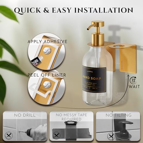 Shower Shampoo Dispenser Wall Mounted – Refillable 16.9 oz Clear Bottle with Stainless Steel Pump & No-Drill Adhesive Holder – Soap Dispenser for Bathroom (1 X Clear/Gold) - color: 1 X Clear/Gold