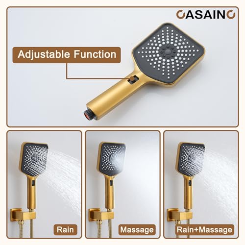CASAINC 12 Inch Rain Shower Head with Handheld, Brushed Gold Thermostatic Shower System, Wall Mount Rainfall Shower System with Body Jets, 3-Functions Shower System with Thermostatic Valve - color: Brushed Gold, style: Style A