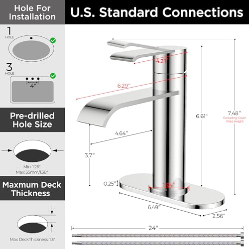 FORIOUS Waterfall Chrome Bathroom Faucet 1 Hole Rv Bathroom Sink Faucet Set | Single Handle Waterfall Bathroom Faucet Single Hole, Polished Chrome Faucet for Bathroom Sink One Hole with Plate and Drain - color: Chrome