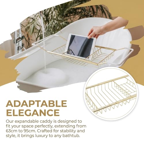 Cabilock Luxury Stainless Steel Bathtub Caddy Tray - 24.8in Expandable Modern Bath Rack for Tub with Wine Glass & Book Holder - Rustproof Shower Organizer & Tablet Stand for Home Spa, Gold - color: Golden