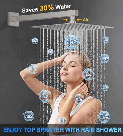 Woindo Shower Faucet Set, 10" Wall Mount Rainfall Shower System with 2 Rain Shower Head and Multi-function Handheld Head Push Button Diverter Shower Faucet Trim Kit - color: Brushed Nickel, style: 10"-Wall-01