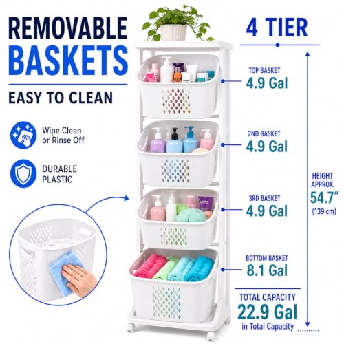Japard Rolling Laundry Hamper Ultra Slim 22.9 Gal, 4 Sorter Vertical Stackable Baskets with Wheels for Small Space, Dorm, Closet, Bathroom, Easy Assembly White Gray - size: 4 Tier
