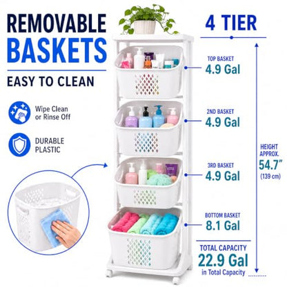 Japard Rolling Laundry Hamper Ultra Slim 22.9 Gal, 4 Sorter Vertical Stackable Baskets with Wheels for Small Space, Dorm, Closet, Bathroom, Easy Assembly White Gray - size: 4 Tier