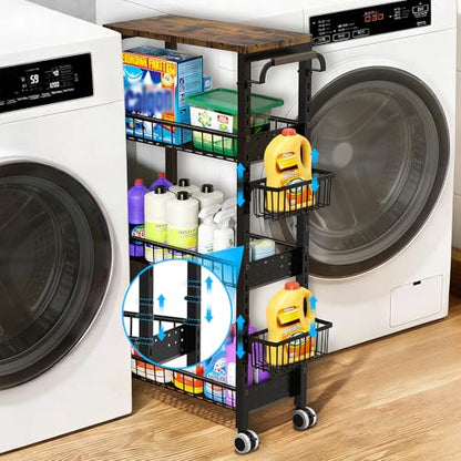 7.8 Inch Ultra-Slim 4-Tier Rolling Storage Cart with Adjustable Shelves | Lockable Wheels & Wooden Top for Narrow Spaces Between Washer/Dryer, Bathroom, Kitchen Organization (Black)