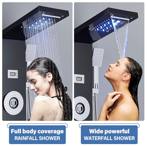 AlenArt Shower Panel Tower System Rainfall Waterfall Shower Head with Body Jets Stainless Steel Rain Massage System 5-Function High Pressure Shower Panel Tower System,HFT8029 - color: Black
