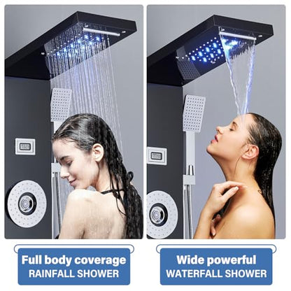 AlenArt Shower Panel Tower System Rainfall Waterfall Shower Head with Body Jets Stainless Steel Rain Massage System 5-Function High Pressure Shower Panel Tower System,HFT8029 - color: Black