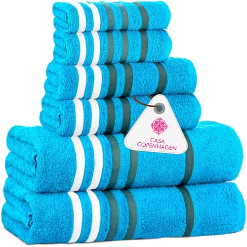 CASA COPENHAGEN Exotic 6Pcs 100% Egyptian Cotton Towels Gift Set- Teal, 550GSM, 2Bath 2Hand 2Washcloths, Towels for Bathroom (Box Pack, Set for Women & Men) - color: Exotic 6 Pcs Towel Set - Teal, size: 6Pcs Towel Set