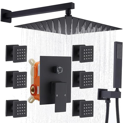 Enga Shower System with Body Jets, 12 Inch Wall Mount Rainfall Shower System and Handheld Body Spray Shower Faucets sets Combo with Rough-in Valve, Matte Black - color: Matte Black, style: Wall Mount - 6 Jets