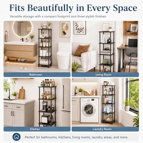 5-Tier 50.4" Tall Black Bathroom Shelving Unit with Wheels | Wood Finish, Metal Frame, Rolling Narrow Open Shelf Design, for Laundry Room, Kitchen, Living Spaces, Easy to Move - color: Black, size: 5-Tier