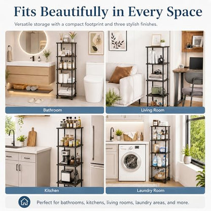 5-Tier 50.4" Tall Black Bathroom Shelving Unit with Wheels | Wood Finish, Metal Frame, Rolling Narrow Open Shelf Design, for Laundry Room, Kitchen, Living Spaces, Easy to Move - color: Black, size: 5-Tier