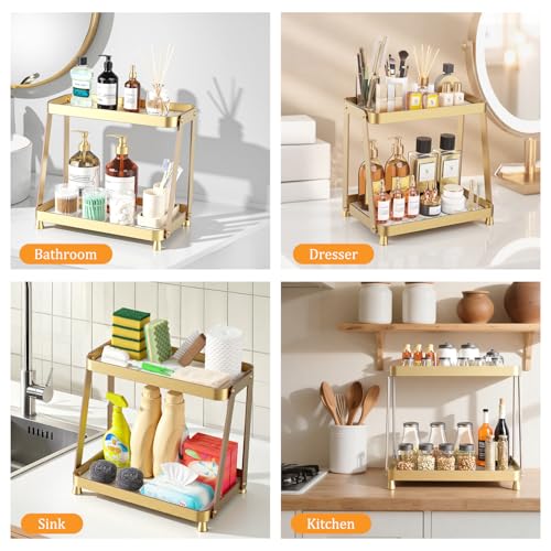 2-Tier Acrylic Bathroom Vanity Organizer, Gold | Bathroom Counter Storage Shelf with Marble-Look Tray, Holds Cosmetics, Perfume, Makeup & Skincare Products - color: Gold